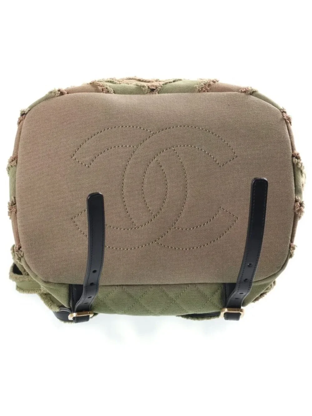 Chanel CC Logo Quilted Slash Quilt Canvas Chain Shoulder Backpack Gold Khaki